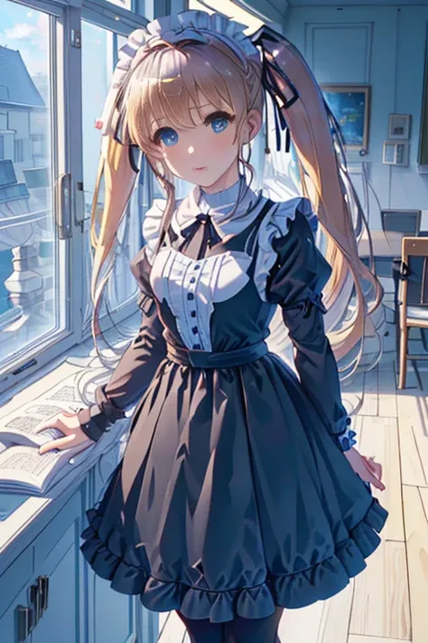 ticker_eriri, sawamura spencer eriri, 1 girl, blonde hair, blue eyes, twin tails, alone, tooth, long hair, hair ribbon, anime coloring book, blush, bangs, black ribbon, long dress, maid, maid apron, roswaal mansion maid uniform,
, (masterpiece:1.6, highest...