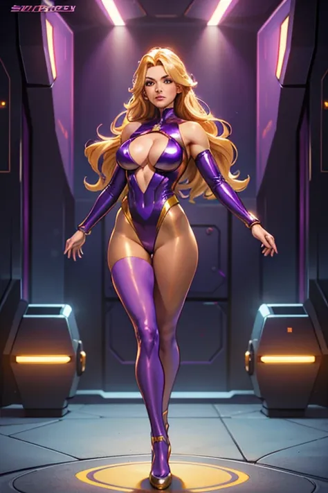 Best quality, 8K, vivid color, woman retro super hero futurism, full body, standing, facing away from the observer, golden hair, long eyelashes, light purple shiny leotard, cleavage, metalic details, light tan pantyhose, neutral sci-fi scenario