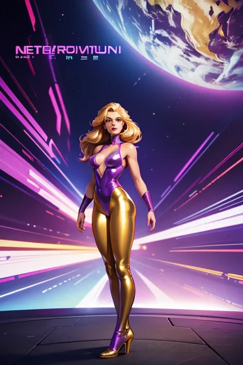 Best quality, 8K, vivid color, woman retro super hero futurism, full body, standing, facing away from the observer, golden hair, long eyelashes, light purple shiny leotard, cleavage, metalic details, light tan pantyhose, neutral sci-fi scenario