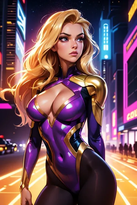 Best quality, 8K, vivid color, woman retro super hero futurism,facing away from the observer, golden hair, long eyelashes, light purple shiny leotard, cleavage, metalic details, light tan pantyhose, neutral sci-fi scenario