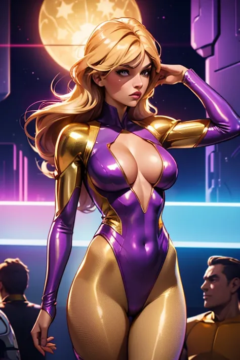 Best quality, 8K, vivid color, woman retro super hero futurism,facing away from the observer, golden hair, long eyelashes, light purple shiny leotard, cleavage, metalic details, light tan pantyhose, neutral sci-fi scenario