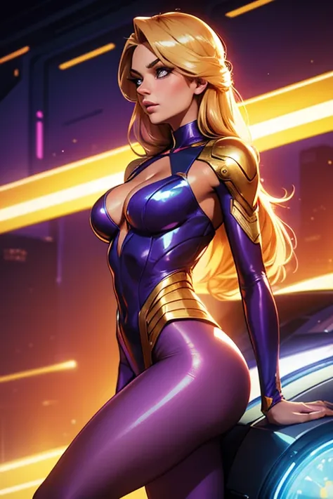 Best quality, 8K, vivid color, woman retro super hero futurism,facing away from the observer, golden hair, long eyelashes, light purple shiny leotard, cleavage, metalic details, light tan pantyhose, neutral sci-fi scenario