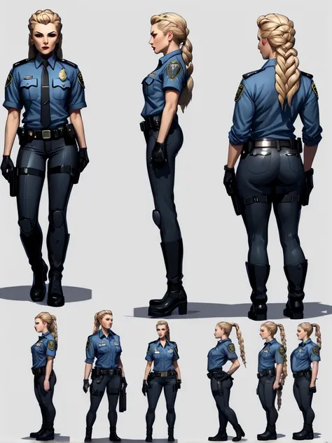 ((masterpiece)),(((best quality))),((character design sheet)), illustration,1woman, environment Scene change, (long braided hair:1.4),((cyberpunk police officer:1.5)), muscular, black legs, thick legs, (pale skin:1.3)scribbles and marks, light blue shirt, ...