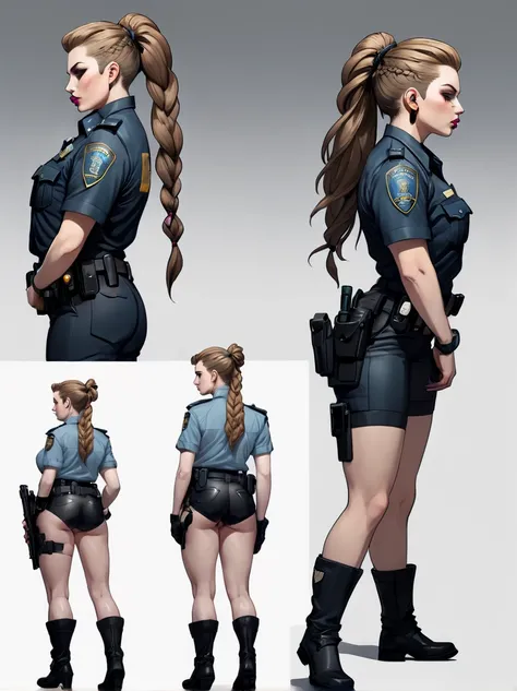 ((masterpiece)),(((best quality))),((character design sheet)), illustration,1woman, environment Scene change, (long braided hair:1.4),((cyberpunk police officer:1.5)), muscular, black legs, thick legs, (pale skin:1.3)scribbles and marks, light blue shirt, ...