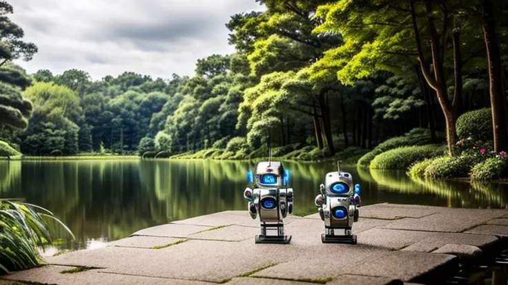 two small robot birds are standing near a pond surrounded by nature.,cloudy sky,harmony between machine and nature,dark atmosphe...