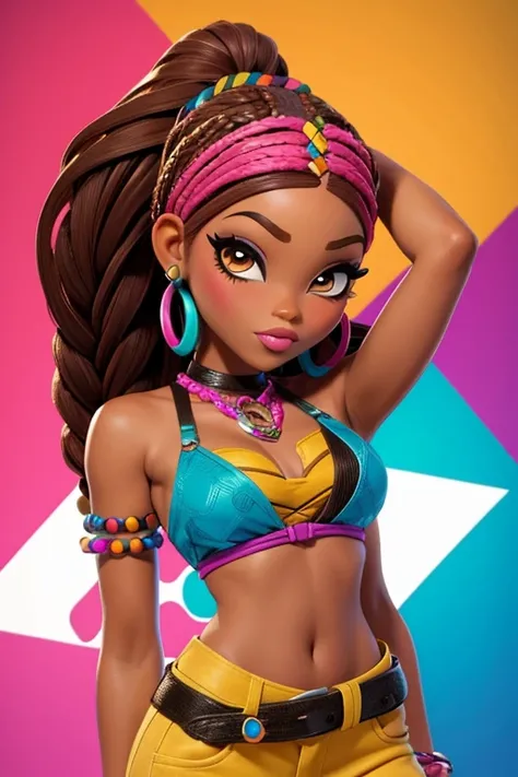 Personagem no estilo Bratz, brown-skinned African woman with colorful braids 