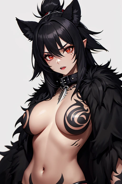 Gnoll woman, woman, red eyes, black fur, spike collar, Gnoll woman, big , big tighs, 4k, hd, pretty face, messy hair, menacing, acurrate eyes, sharp pupils, scary look, sword, (human head), (Mohican), (tribal clothing), exposed belly, (black hair), (hyena ...