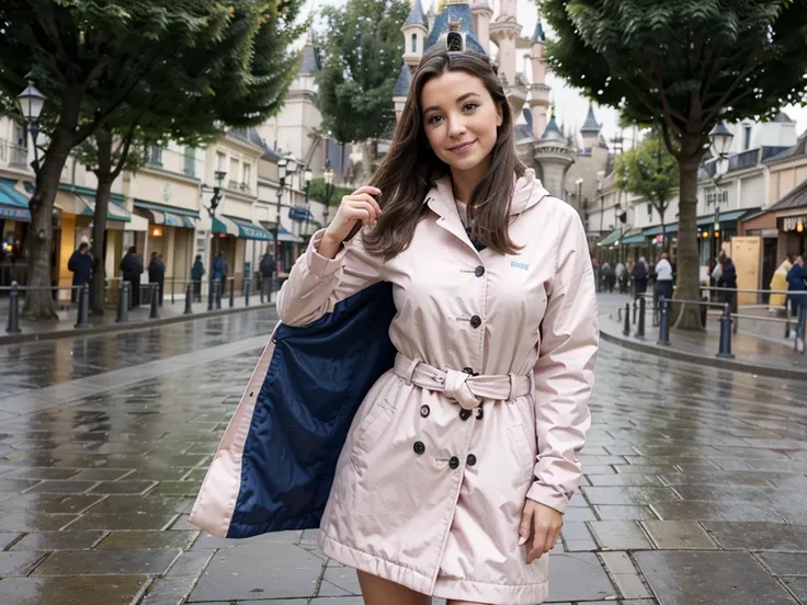 Une belle femme seule, taille parfaite 1m75, qui se trouve devant l entree de disneyland Paris, qui est joyeuse, sous la pluie de paris,elle porte un long manteau pourpre et fourrue vert pastel,plan dezoome camera, motio ultra qualité 