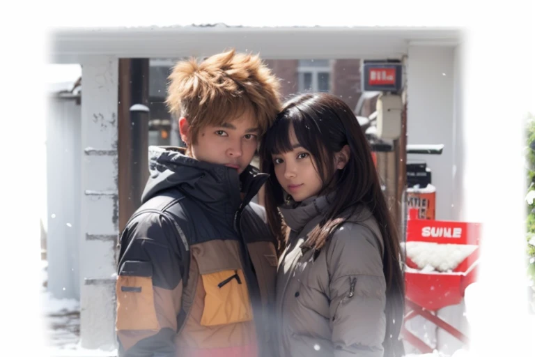 Couple together standing in snow posing