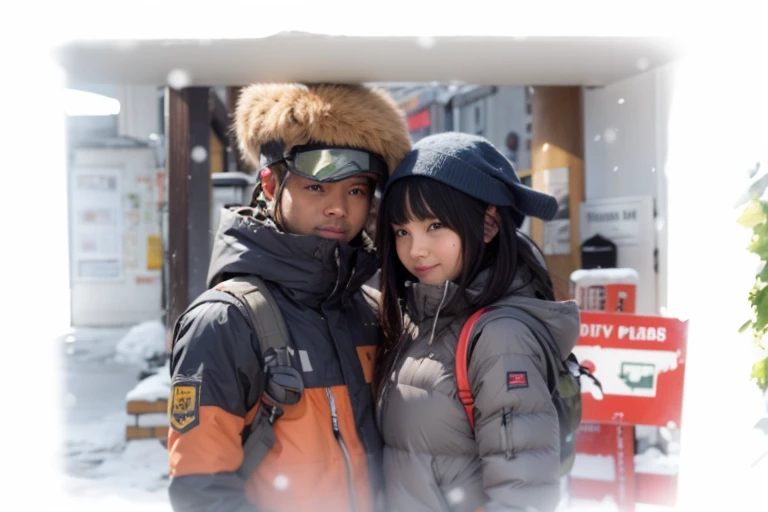 Couple together standing in snow posing