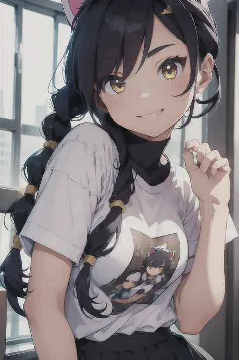 Erisa, 1girl, solo, long hair, looking at viewer, black hair, bandaid on face, yellow eyes, animal ears, smile, bandaid on nose, braid, cat ears, bandaid, bangs, breasts, fake animal ears, simple background, fang, bare shoulders, scar, teeth, shirt, tight ...