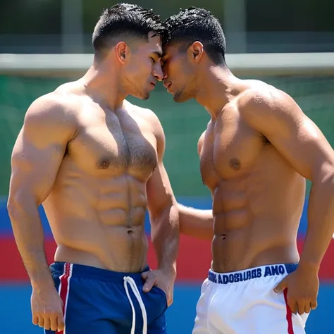 2 Capitanes musculosos de futbol americano  inconscientes y sin camisa, masturbated and kissed on the mouth by another young man smaller and thinner than them, Bulto grande, mostrando pectorales y abdominales completos,wet dreams, Great erection, besos, po...