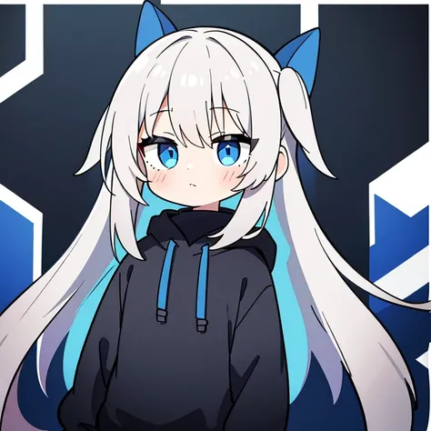 1 girl, gray hair, long hair, black hoodie, blue mesh in hair