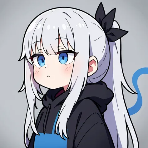 1 girl, gray hair, long hair, black hoodie, blue mesh in hair