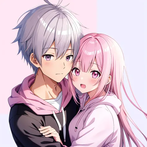 A girl wearing a hoodie hugs a boy、Boys are high school students、The girl is a junior high school student, pink hair, silver haired,pink hairの男の子はウインクをしている、silver haired女の子もウインクしている、faces collide、anime cover, shikamimi,  boy and girl, pink bangs, a-1 photo...