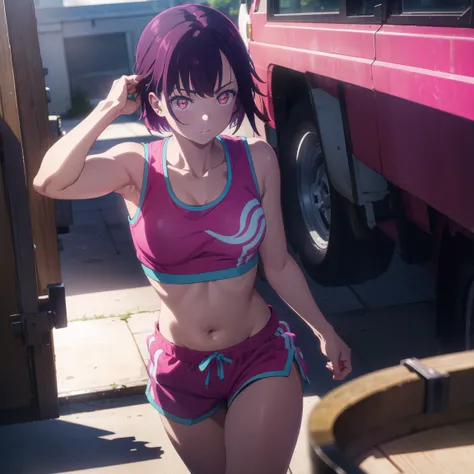 shizukamikazuki, shizuka mikazuki, short hair, purple hair, hair ornament, hair clip, (pink eyes: 1.5), wide bangs,
BREAK navel, sports bra, sportswear, shorts, pink shorts, very sweaty,
BREAK (nsfw)(Sex with a Fat Man),
BREAK R 1 8 looking at the fat man,...