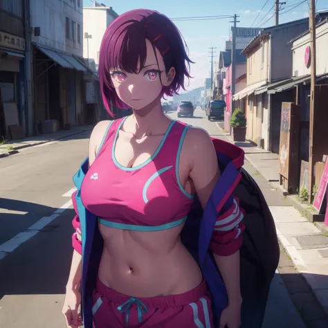 shizukamikazuki, shizuka mikazuki, short hair, purple hair, hair ornament, hair clip, (pink eyes: 1.5), wide bangs,
BREAK navel, sports bra, sportswear, shorts, pink shorts, very sweaty,
BREAK (nsfw)(Sex with a Fat Man),
BREAK R 1 8 looking at the fat man,...