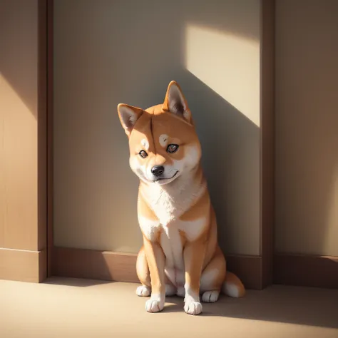 Sad little Shiba Inu curled up in the corner