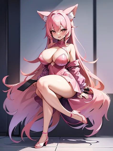 Happy woman, with wolf ears and pink hair, holding her cheeks, wolf tail, wearing a latex dress, looking at veiwer, full body, you can see her chest, naked breasts