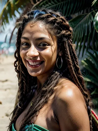 "Create an amazing image of Isabella&#39;s face, uma modelo carioca. Destaque a pele morena, cor de jambo, cabelos cacheados com dreads em tons de azul e verde, olhos verdes sedutores e um sorriso cativante que reflete alegria e autenticidade."
