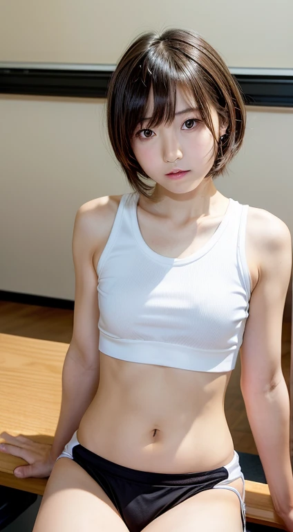  Troubled expression Raise hand Maki Horikita Beautiful girl Junior high school student White tank top Navel exposed Beautiful legs Track and field appearance Club activities Japanese classroom Small breasts Slender short stature Short hair Brown hair Whol...