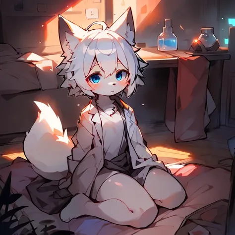 Masterpiece, high quality portrait, 16k, Furry,solo person，(blue eyes, white hair，White arms，White legs:1.2),Lab Coat，Fox, cub, bit girl,skin_Fang, Double reference, warm lights, Japanese-style kneeling sitting,Bedrooms, Full shot,author：Sumi Kuroi, Yupa,K...