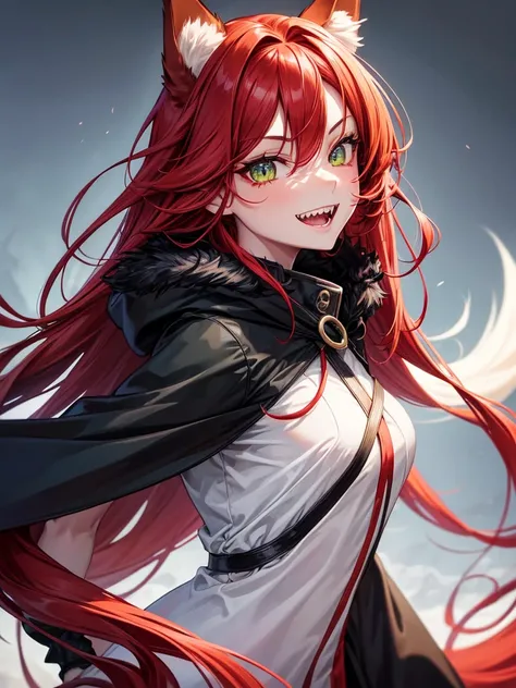 1girl, solo, from side, long red hair, green eyes with vertical pupil, fox ears, long black coat, fur hood, red fox tail, white tip, vertical scar on right eye, sharp teeth, wide smile, clenched teeth