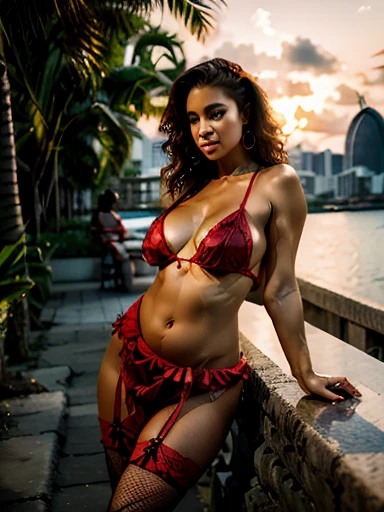 Portrait of expecting and alluring, in the vibrant city of Rio de Janeiro. Her warm eyes and curly hair exude confidence and joy.  and sensual, she is striking in her tropical ensemble: a mini skirt, fishnet stockings, and high-heeled boots. A Croach tatto...