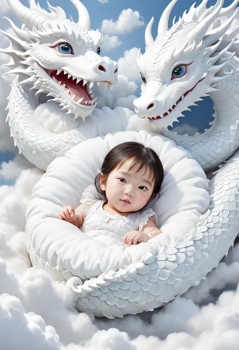 a two-year-old chinese baby girl,lovely, face round,slept on a white dragon bed, a photorealistic painting by ju lian, shutterst...