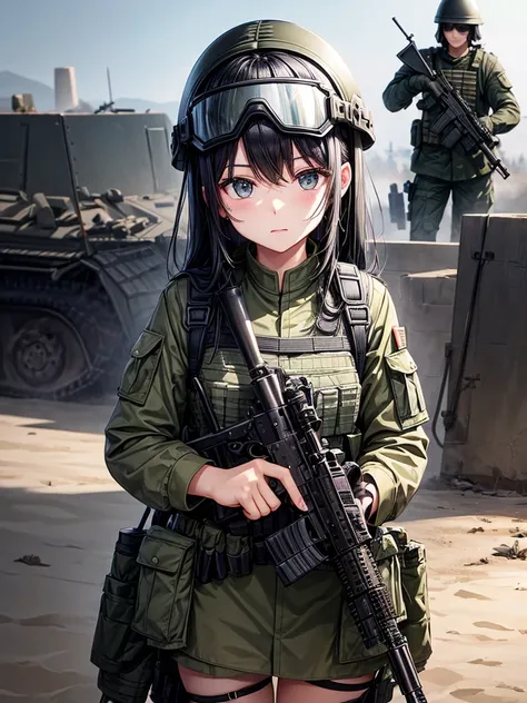 black hair short、beautiful girl、Crisp look、military helmet、Military Goggles、Camouflage、uniform、Bulletproof vest、Hold an assault rifle、Hoplites、battlefield、街中battlefield、During the war、