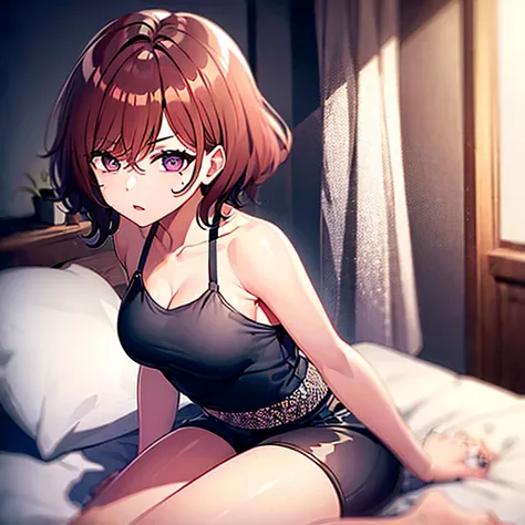 ultradetail(eye:1.7),highest quality、4K quality、on the bed、beautiful cleavage、disheveled clothing、slender、Humiliated face、doggypose、Show your shorts