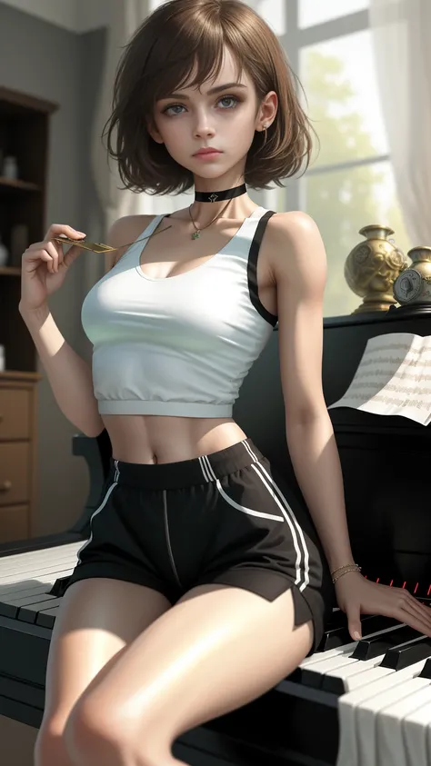 （realisticlying， tmasterpiece， A high resolution， best qualtiy， ultra - detailed， detailedbackground：1.2）， 1girll， with brown eye， Messy short brown hair， perky small breasts， Bodybuilding， White-colored skin， a black choker， cyber punk perssonage， Morning...