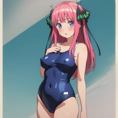 masterpiece, best quality, ultra detailed, best illustration, nsfw, 1girl, one-piece swimsuit, nakano nino, pink hair, butterfly hair ornament, おっぱい, はだか