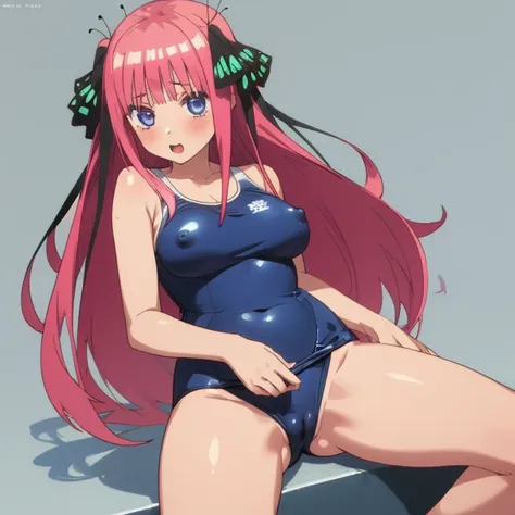 masterpiece, best quality, ultra detailed, best illustration, nsfw, 1girl, one-piece swimsuit, nakano nino, pink hair, butterfly hair ornament, おっぱい, はだか