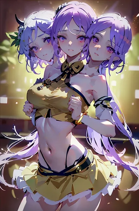 (masterpiece, best quality), best quality, (ultra-detailed), (3heads:1.5), 1girl, (tsukumo benben:1.3), masterpiece, best quality, brown and black top, crop top, ((stomach)), midriff, ((groin)), brown skirt, normal ears, shackles, lilac hair, very long hai...