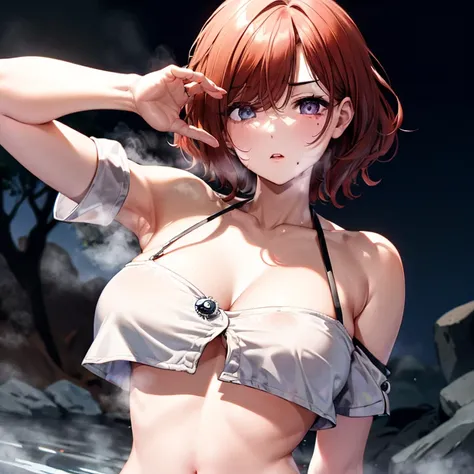 ultradetail(eye:1.7),highest quality、4K quality、hot spring、beautiful cleavage、disheveled clothing、slender、Humiliated face、provocative pose、Show your shorts