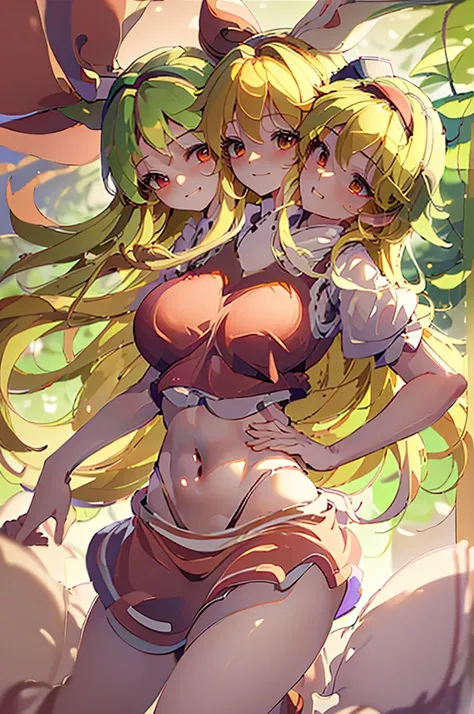 (masterpiece, best quality), best quality, (ultra-detailed), (3heads:1.5), 1girl, (ellen (touhou):1.3), masterpiece, best quality, red top, crop top, ((stomach)), midriff, ((groin)), red skirt, normal ears, shackles, blonde hair, very long hair, wavy hair,...