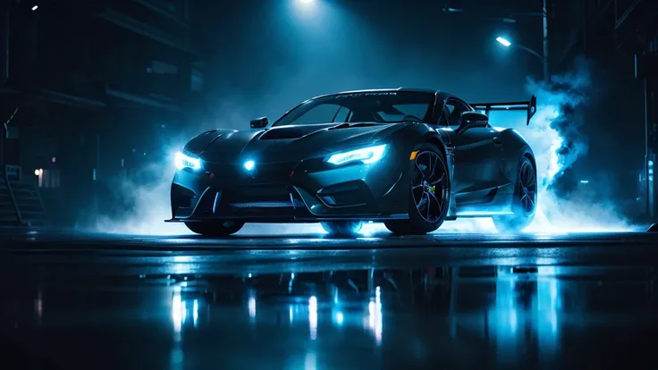 (black sports car, blue headlights, car racing), (cyberpunk, blue neon, blue smoke), (8k, extremaly detailed, lighting like a movie, lense flares)