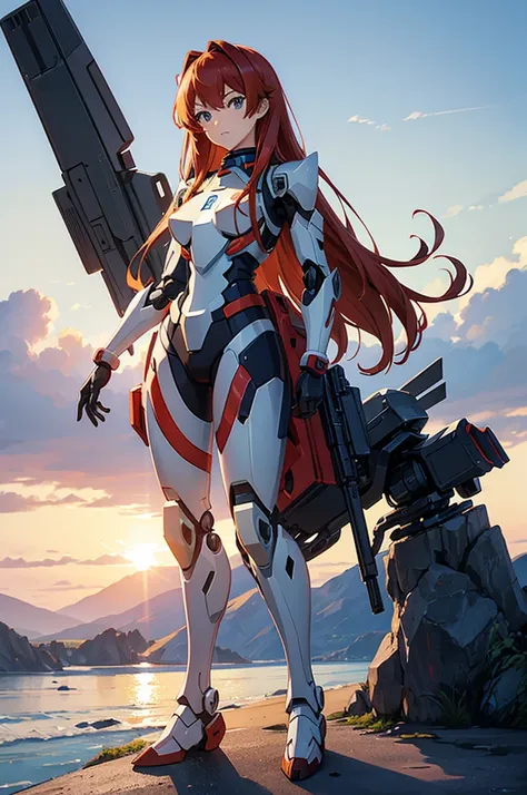 Drawing of a robot with a gun and a gun, modern Mecha anime, cool Mecha style, female Mecha, gundam armor, Mobilesuit, アニメMechaアーマー, # Mecha, アラサカMecha, 奥のEva-00, anime manga robot!! anime girl, an anime large Mecha robot, Gundam Style、Eva、asuka langley、