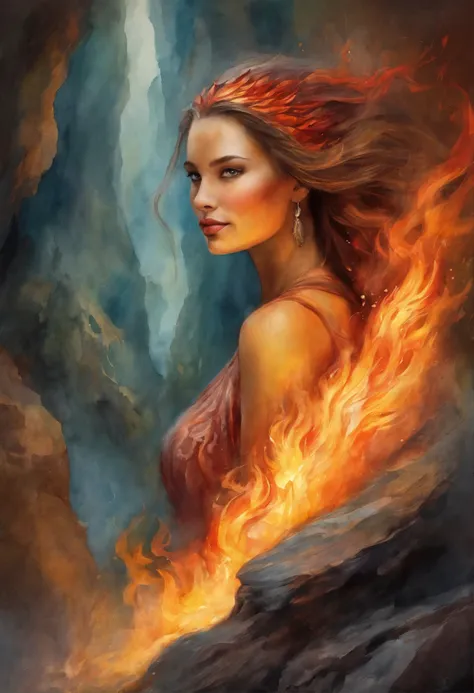 fire, cave, Fire Spirit, the Dragon, young woman