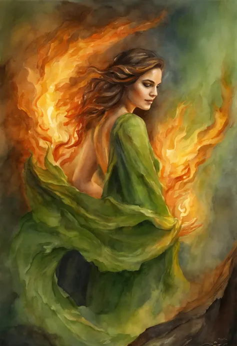 fire, cave, Fire Spirit, the Dragon, young woman, green-eyed girl, Brown hair, looks at the man on fire