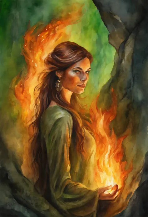 fire, cave, Fire Spirit, the Dragon, young woman, green-eyed girl, Brown hair, looks at the man on fire