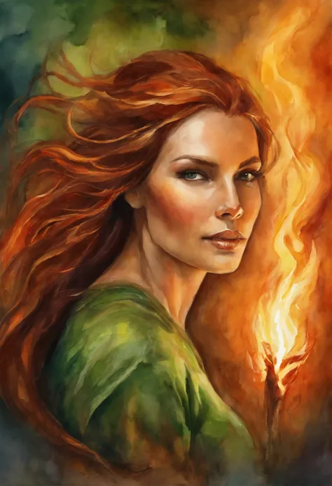 fire, cave, Fire Spirit, the Dragon, young woman, green-eyed girl, Brown hair, looks at the man on fire