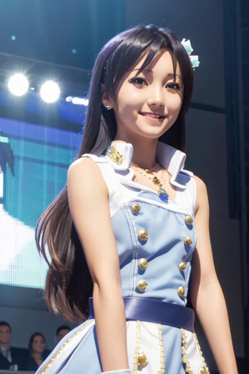 (((pixel perfect, Perfection with attention to detail))), alone, 1 girl, Chihaya Kisaragi, stage, Idol, bare shoulders, necklace, looking at the viewer, :d, smile, BREAK, (small breasts:1.4)