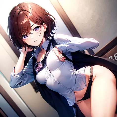 ultradetail(eye:1.7),highest quality、office、small breasts、Proportioned proportions、shy face、long shirt、seductive pose、show panties、I can see your chest