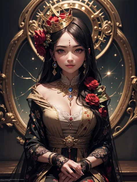 official art, unity 8k wallpaper, ultra detailed, beautiful and aesthetic, High quality, beautiful detailed face eyes lips mouth hair, masterpiece, best quality, (zentangle, mandala, tangle, entangle:0.6), warm smile, twinkle, queen, red, red, red