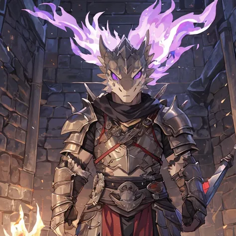 anime style, lizardfolk, ochre coloured skin, glowing purple eyes, glowing purple tattoos, wearing leather armour, holding purple flame sword, dungeon background, sharp focus, vivid colors,