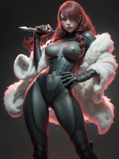 a woman with red lipstick has armor on and is holding a sword, kirijou mitsuru, 1girl, solo, hair over one eye, long hair, (((red hair))), (((red eyes))), weapon, rapier, sword, bodysuit, black bodysuit, grey bodysuit, hand on hip, (((large breasts))), sim...