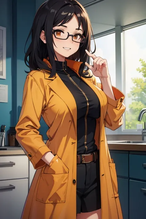 female scientist, black hair, semi-curly hair, medium hair, redish orange coat, glasses, orange eyes, short, medium sized breast...