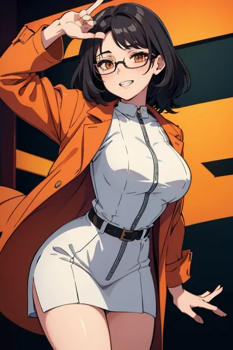 Female scientist, black hair, semi-curly hair, medium hair, redish orange coat, glasses, orange eyes, short, medium sized breast, grin, 